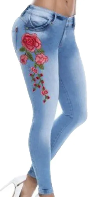 Women's Stretch Embroidered Washed Denim Trousers Slim Fit Flower Skinny Pencil Jeans Pocket Floral Tight Jeans