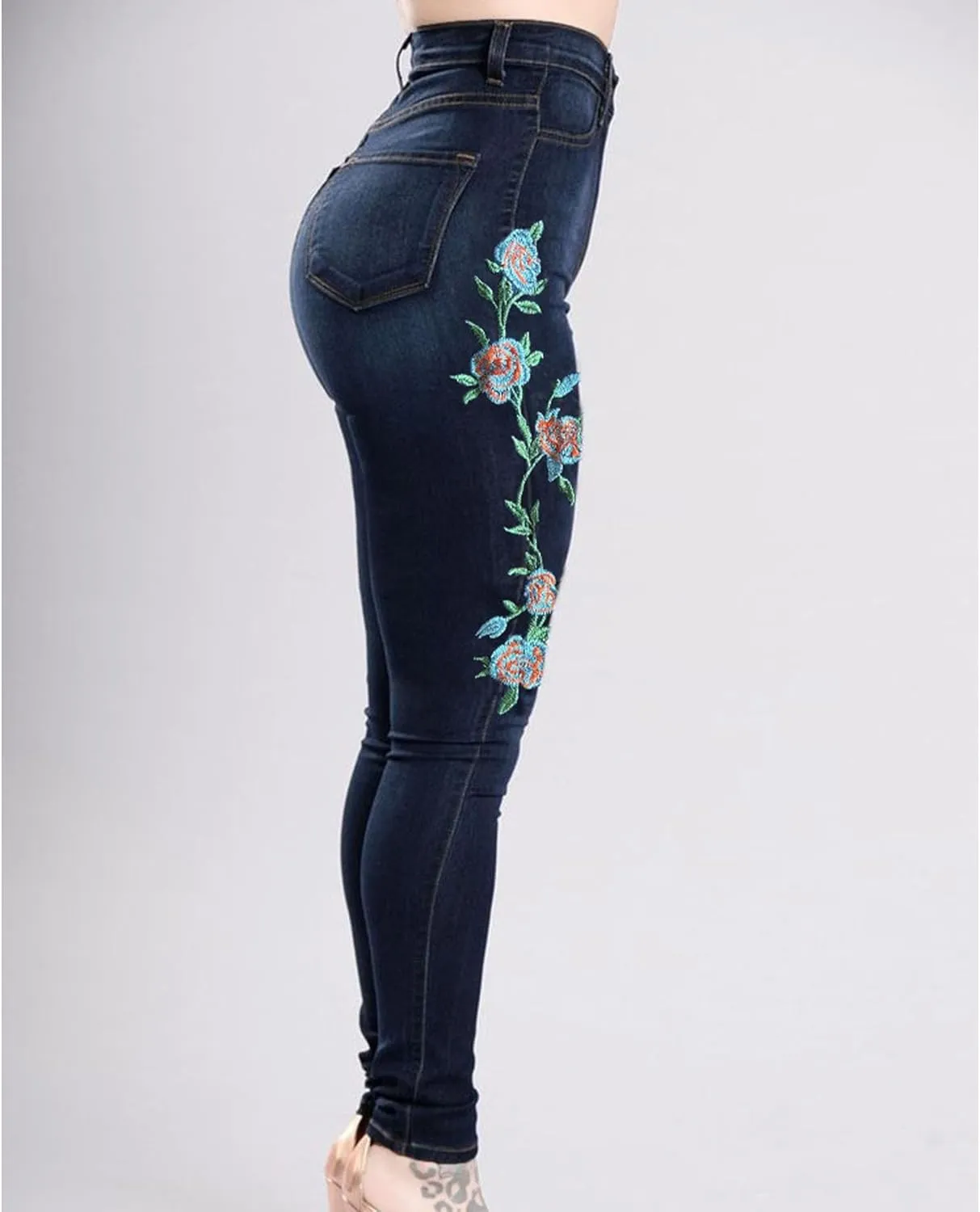 Women's Stretch Embroidered Washed Denim Trousers Slim Fit Flower Skinny Pencil Jeans Pocket Floral Tight Jeans