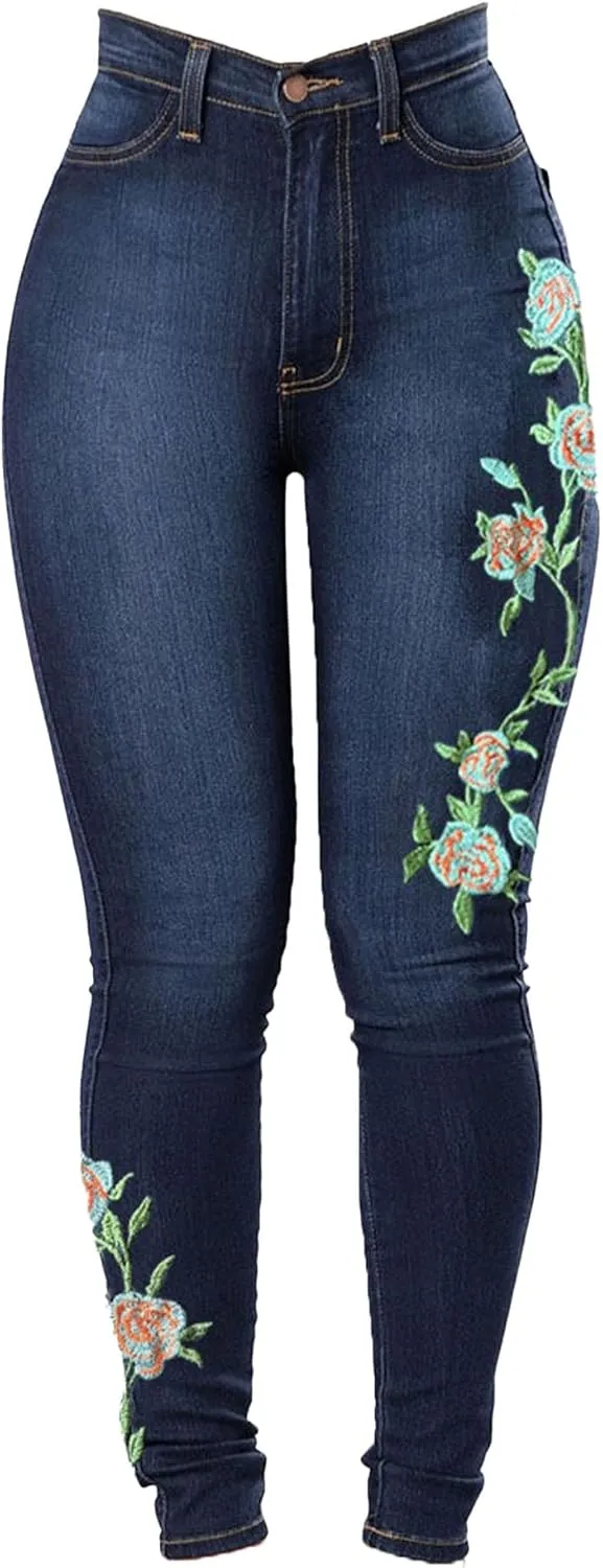 Women's Stretch Embroidered Washed Denim Trousers Slim Fit Flower Skinny Pencil Jeans Pocket Floral Tight Jeans