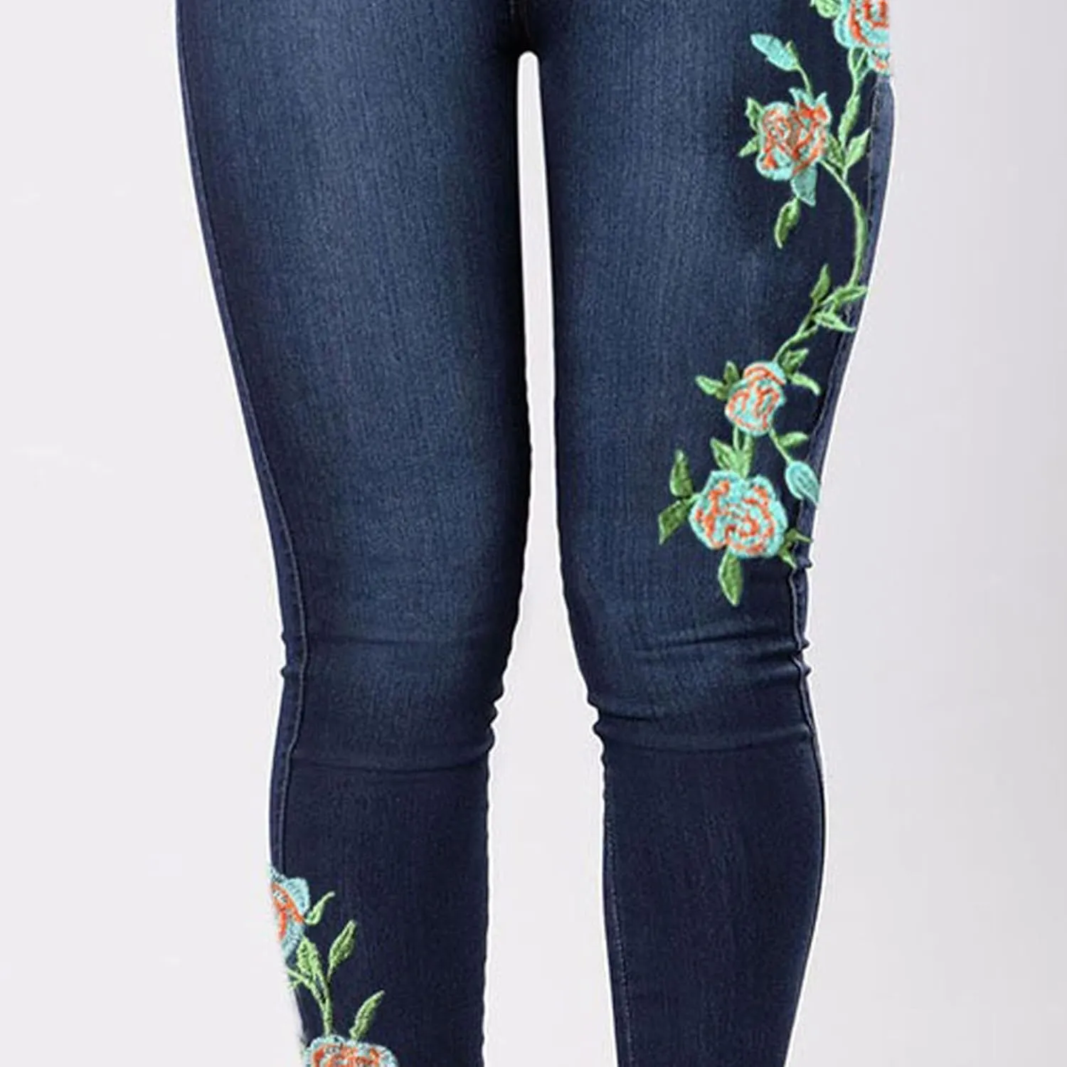 Women's Stretch Embroidered Washed Denim Trousers Slim Fit Flower Skinny Pencil Jeans Pocket Floral Tight Jeans
