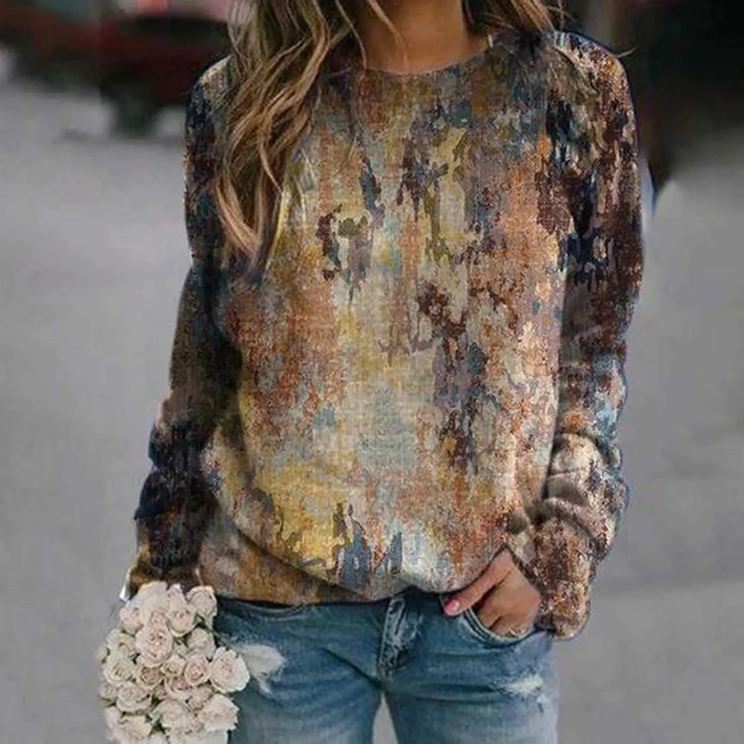 Women's Tie Dye Sweatshirt Long Sleeve Crewneck Oversized Tshirt Trendy Lightweight Comfy Printed Pullover Tops