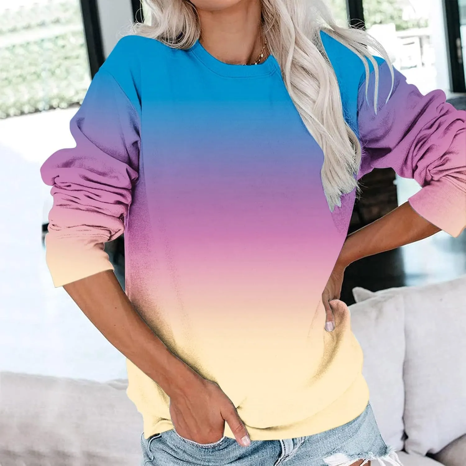 Womens Tie-Dye Y2k Hoodies Crewneck Sweatshirts Oversized Casual Blouse Trendy Long Sleeve Loose Lightweight Shirt
