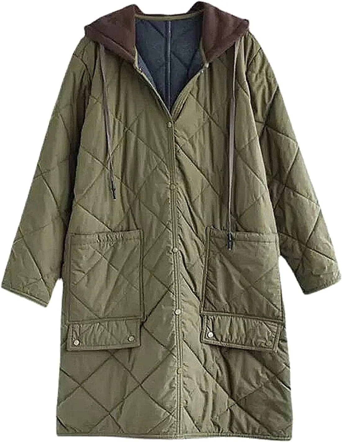 Women's Winter Casual Quilted Jackets Lightweight Button Down Long Puffer Jacket Outerwear Down Winter Coat with Hood