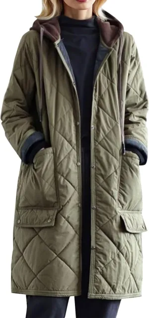 Women's Winter Casual Quilted Jackets Lightweight Button Down Long Puffer Jacket Outerwear Down Winter Coat with Hood