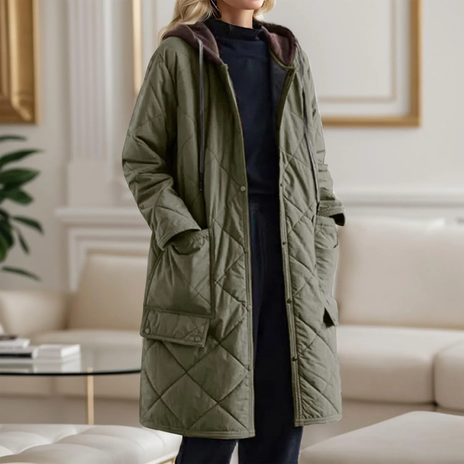 Women's Winter Casual Quilted Jackets Lightweight Button Down Long Puffer Jacket Outerwear Down Winter Coat with Hood