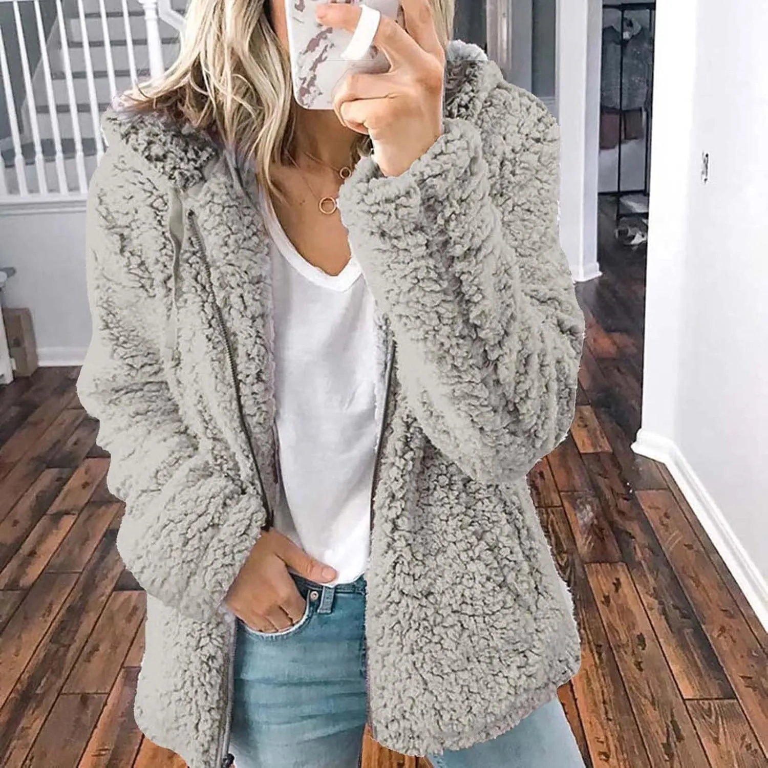 Women's Winter Sherpa Jacket Full Zip Plush Warm Hoodies Soft Fluffy Fleece Coat Solid Fuzzy Hooded Jackets