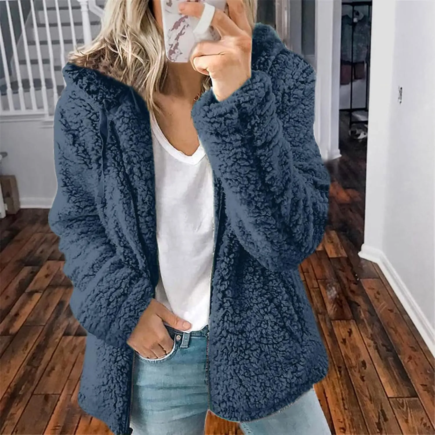 Women's Winter Sherpa Jacket Full Zip Plush Warm Hoodies Soft Fluffy Fleece Coat Solid Fuzzy Hooded Jackets