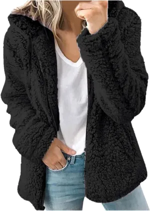 Women's Winter Sherpa Jacket Full Zip Plush Warm Hoodies Soft Fluffy Fleece Coat Solid Fuzzy Hooded Jackets