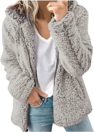 Women's Winter Sherpa Jacket Full Zip Plush Warm Hoodies Soft Fluffy Fleece Coat Solid Fuzzy Hooded Jackets