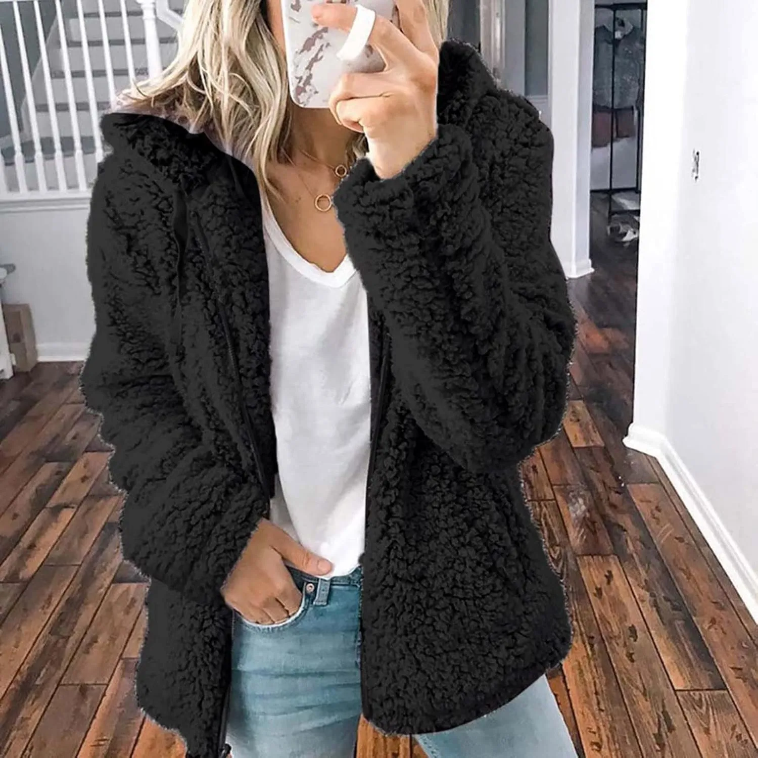 Women's Winter Sherpa Jacket Full Zip Plush Warm Hoodies Soft Fluffy Fleece Coat Solid Fuzzy Hooded Jackets