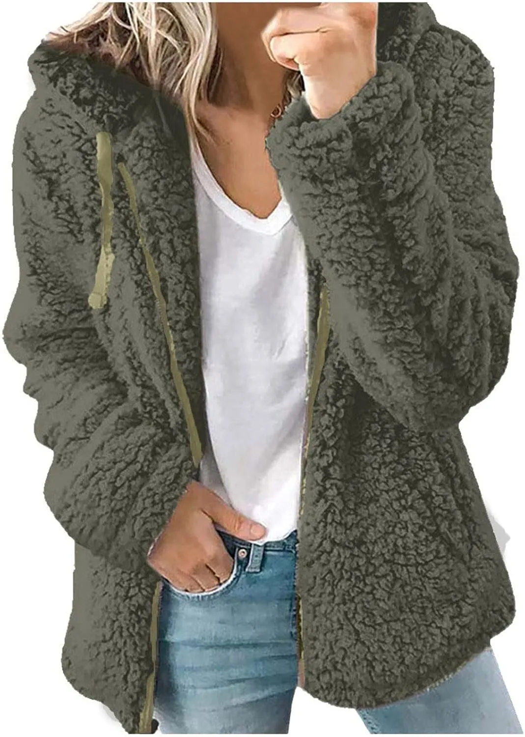 Women's Winter Sherpa Jacket Full Zip Plush Warm Hoodies Soft Fluffy Fleece Coat Solid Fuzzy Hooded Jackets