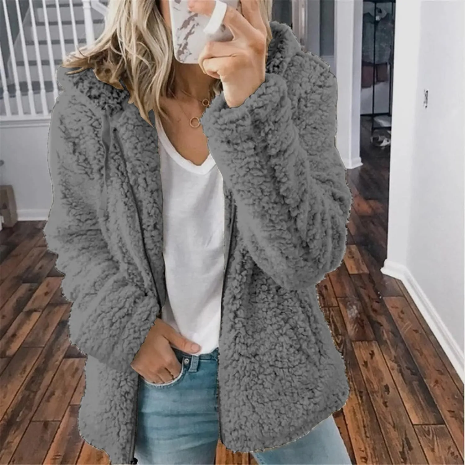 Women's Winter Sherpa Jacket Full Zip Plush Warm Hoodies Soft Fluffy Fleece Coat Solid Fuzzy Hooded Jackets
