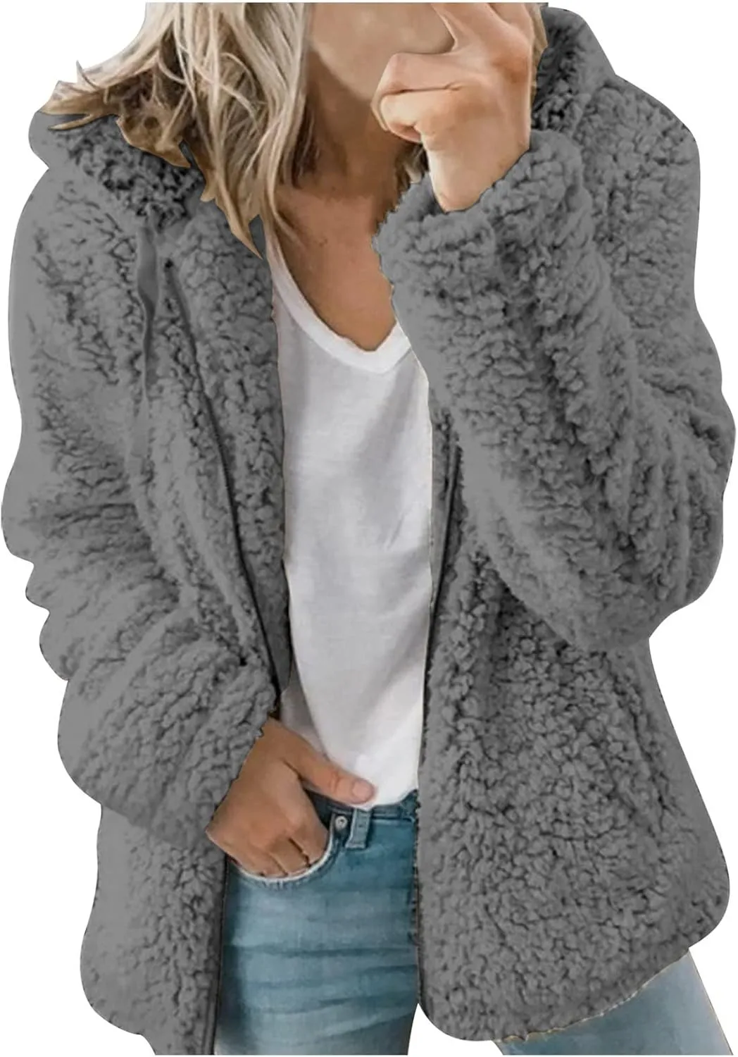 Women's Winter Sherpa Jacket Full Zip Plush Warm Hoodies Soft Fluffy Fleece Coat Solid Fuzzy Hooded Jackets