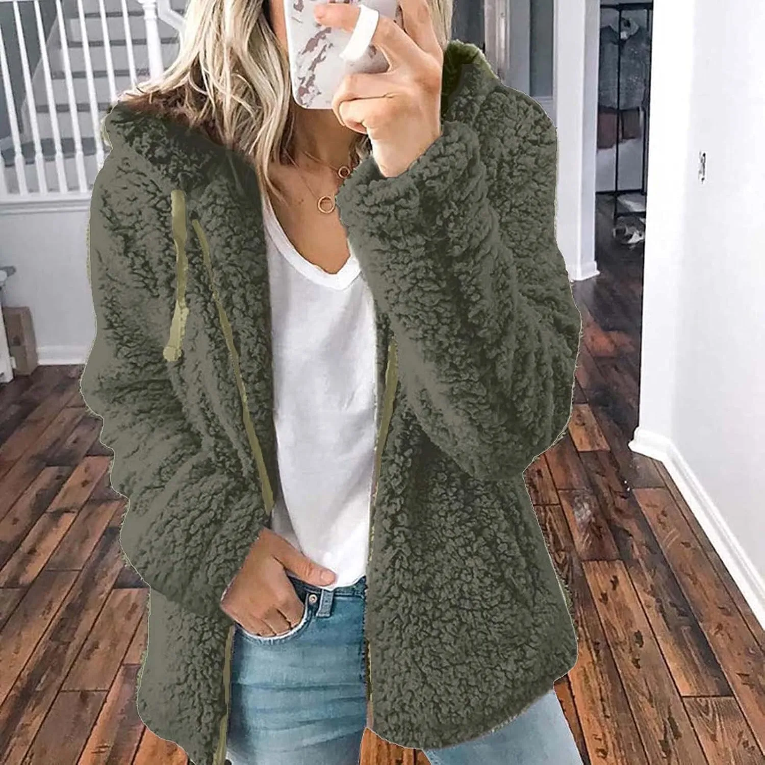 Women's Winter Sherpa Jacket Full Zip Plush Warm Hoodies Soft Fluffy Fleece Coat Solid Fuzzy Hooded Jackets