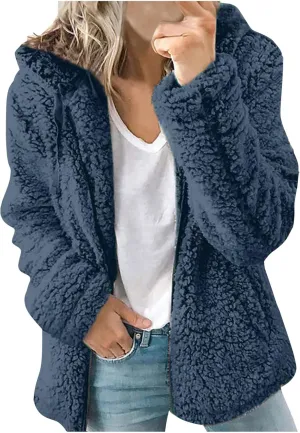 Women's Winter Sherpa Jacket Full Zip Plush Warm Hoodies Soft Fluffy Fleece Coat Solid Fuzzy Hooded Jackets