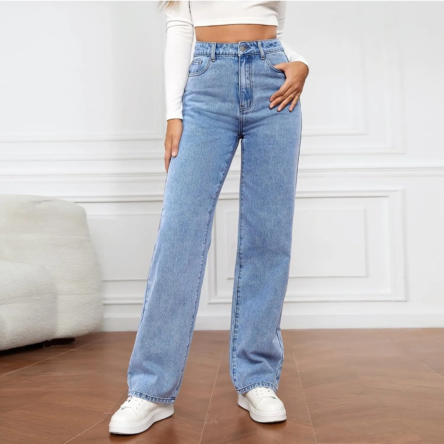 Women's Work Jeans High Waisted Jeans Stretch Trendy Straight Leg Jeans with Pockets