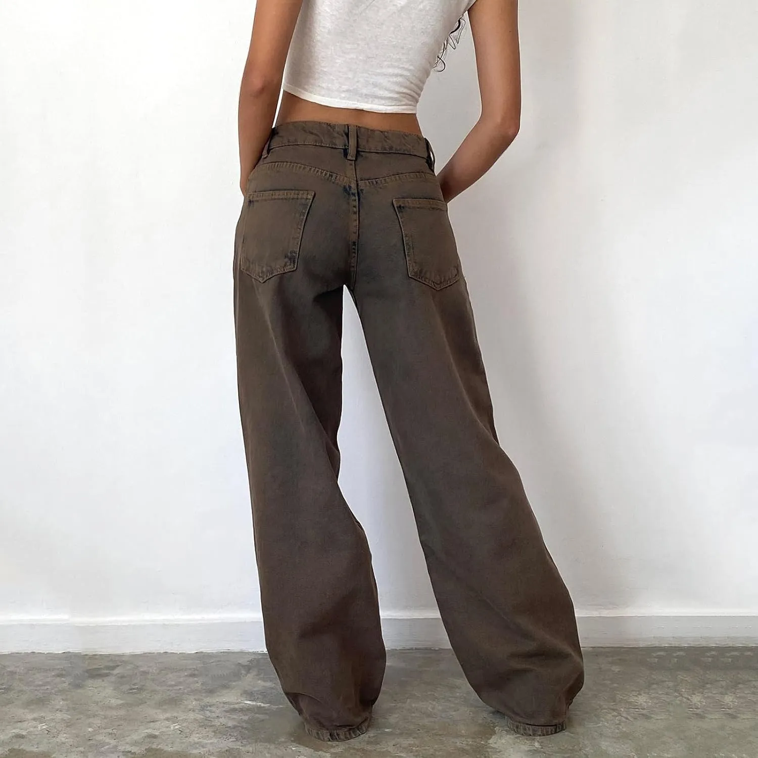 Womens Y2k Wide Leg Jeans Boyfriend Straight Low Rise Distressed Washed Baggy Jeans Casual Denim Trouser