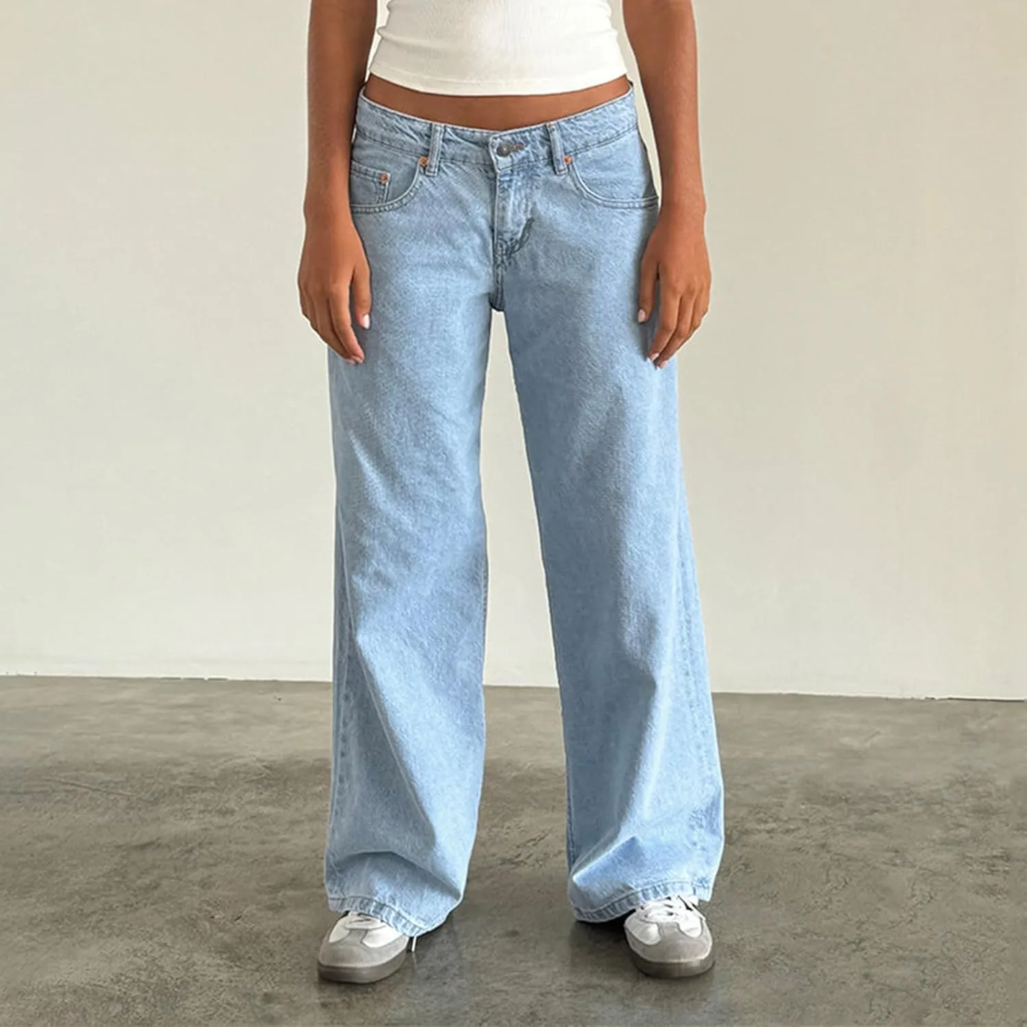 Womens Y2k Wide Leg Jeans Boyfriend Straight Low Rise Distressed Washed Baggy Jeans Casual Denim Trouser