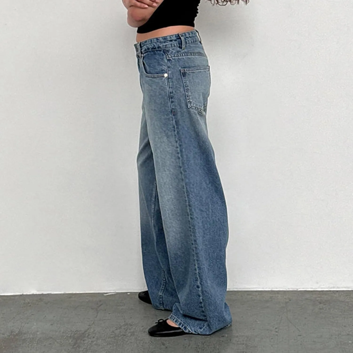 Womens Y2k Wide Leg Jeans Boyfriend Straight Low Rise Distressed Washed Baggy Jeans Casual Denim Trouser