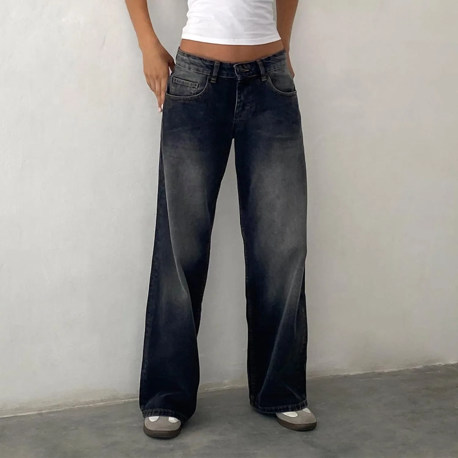 Womens Y2k Wide Leg Jeans Boyfriend Straight Low Rise Distressed Washed Baggy Jeans Casual Denim Trouser