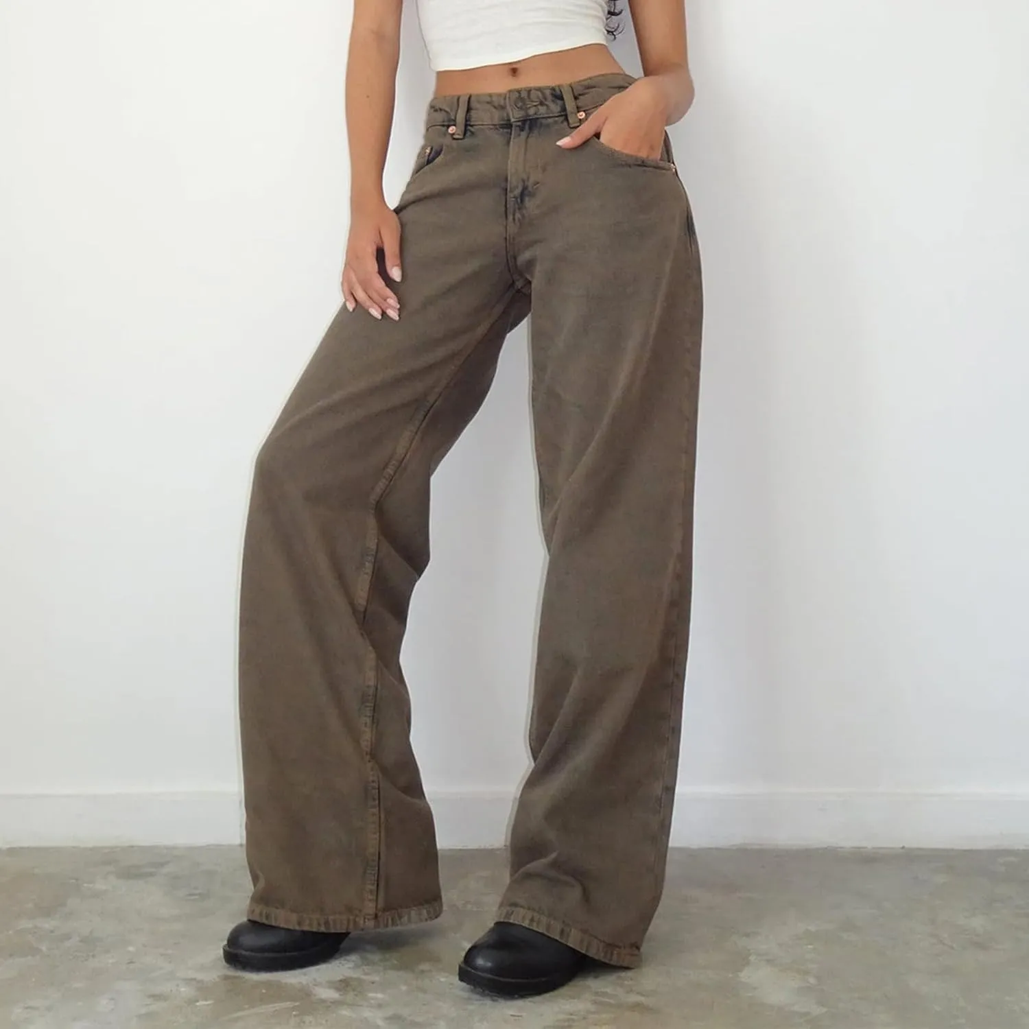 Womens Y2k Wide Leg Jeans Boyfriend Straight Low Rise Distressed Washed Baggy Jeans Casual Denim Trouser