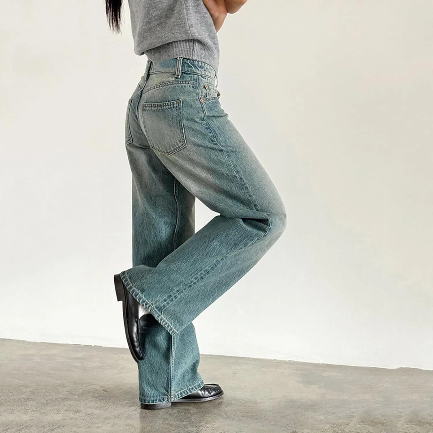Womens Y2k Wide Leg Jeans Boyfriend Straight Low Rise Distressed Washed Baggy Jeans Casual Denim Trouser
