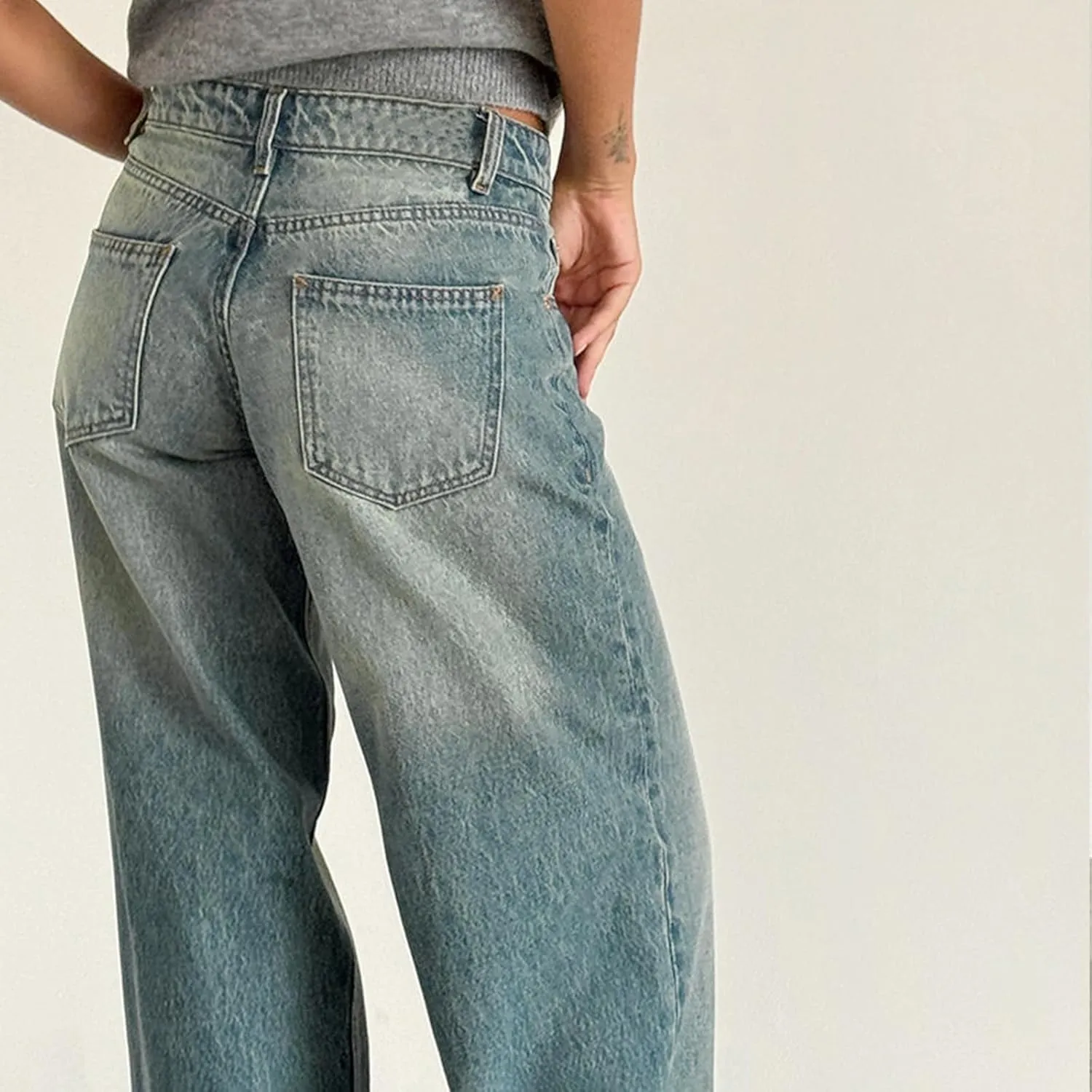 Womens Y2k Wide Leg Jeans Boyfriend Straight Low Rise Distressed Washed Baggy Jeans Casual Denim Trouser
