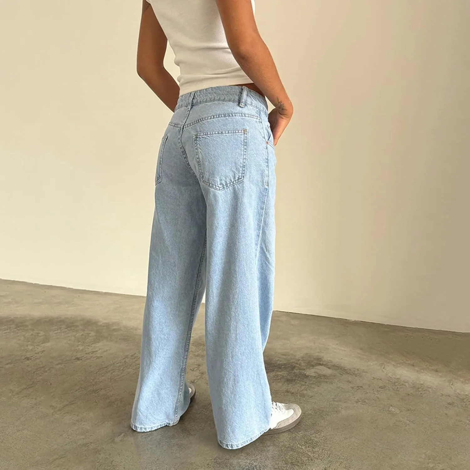 Womens Y2k Wide Leg Jeans Boyfriend Straight Low Rise Distressed Washed Baggy Jeans Casual Denim Trouser