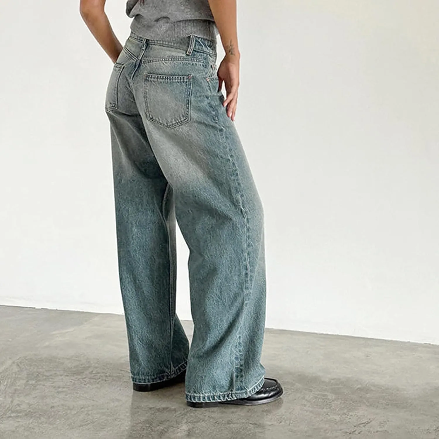 Womens Y2k Wide Leg Jeans Boyfriend Straight Low Rise Distressed Washed Baggy Jeans Casual Denim Trouser