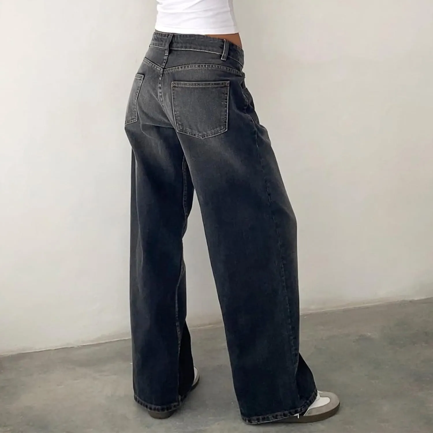Womens Y2k Wide Leg Jeans Boyfriend Straight Low Rise Distressed Washed Baggy Jeans Casual Denim Trouser