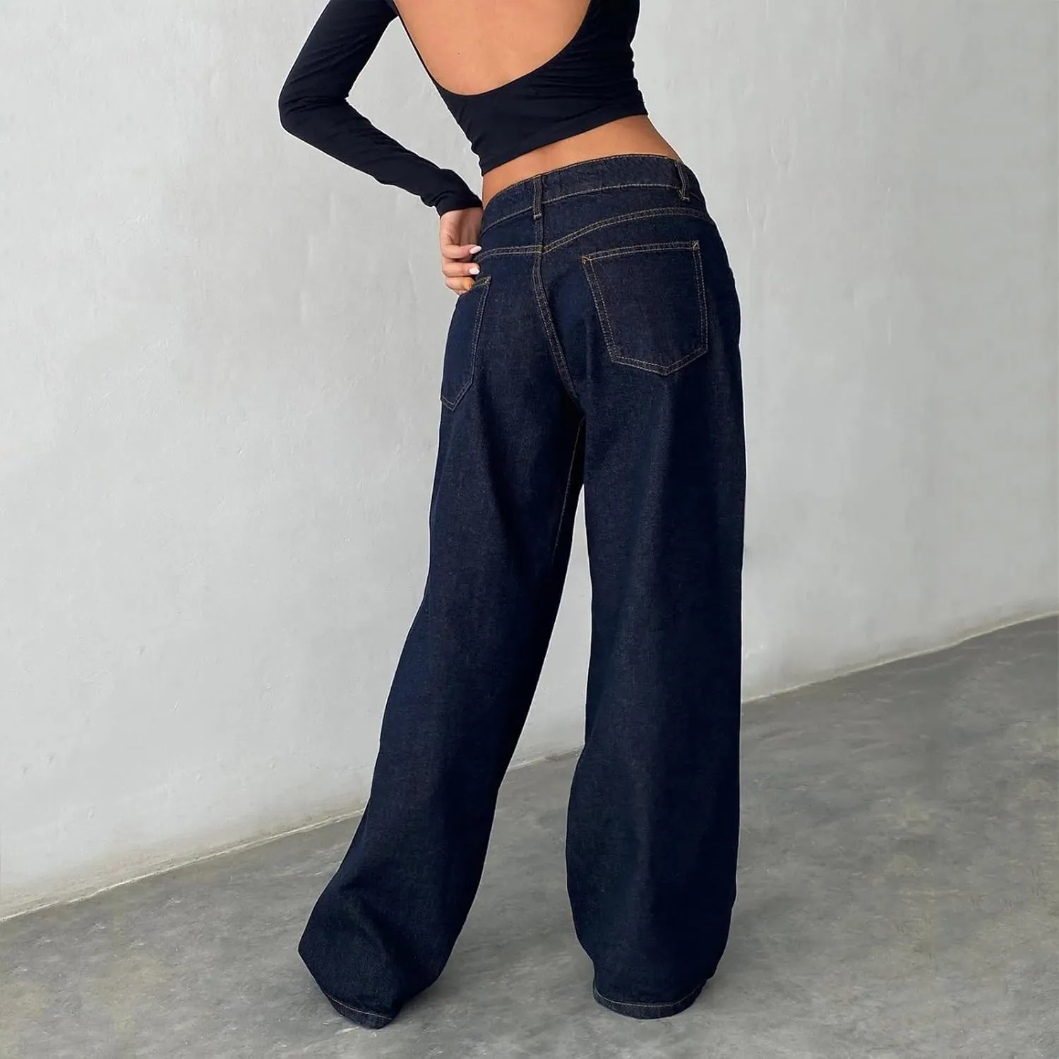 Womens Y2k Wide Leg Jeans Boyfriend Straight Low Rise Distressed Washed Baggy Jeans Casual Denim Trouser