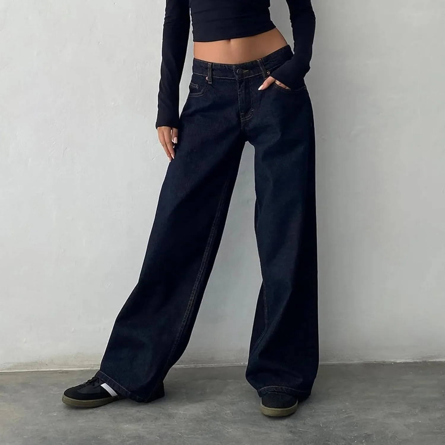 Womens Y2k Wide Leg Jeans Boyfriend Straight Low Rise Distressed Washed Baggy Jeans Casual Denim Trouser