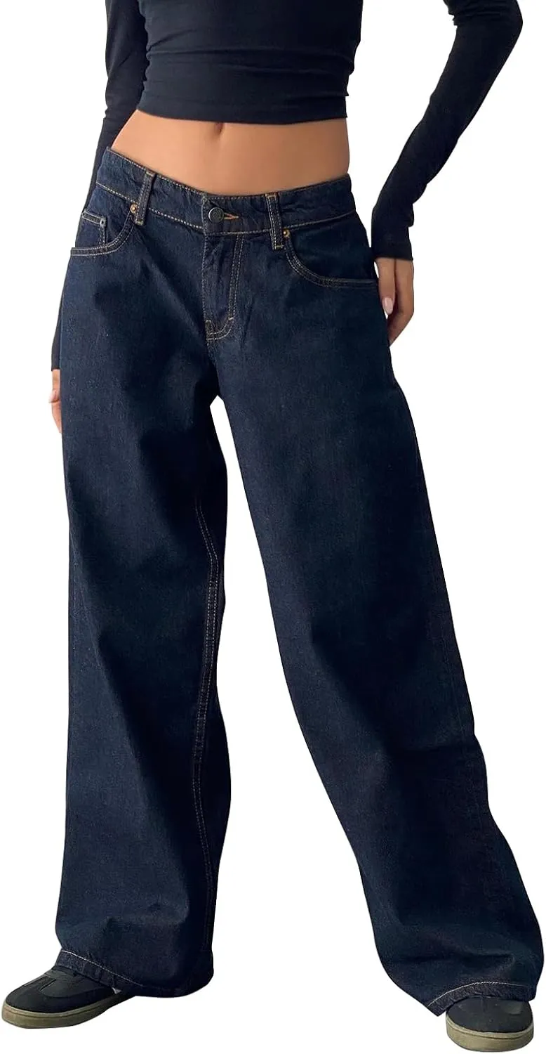 Womens Y2k Wide Leg Jeans Boyfriend Straight Low Rise Distressed Washed Baggy Jeans Casual Denim Trouser