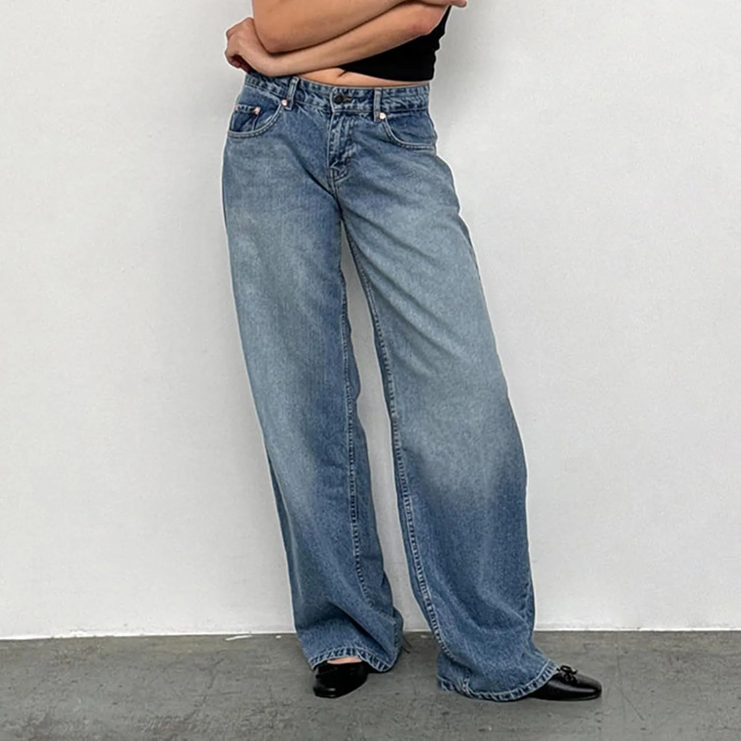Womens Y2k Wide Leg Jeans Boyfriend Straight Low Rise Distressed Washed Baggy Jeans Casual Denim Trouser