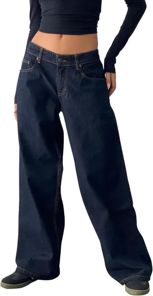 Womens Y2k Wide Leg Jeans Boyfriend Straight Low Rise Distressed Washed Baggy Jeans Casual Denim Trouser