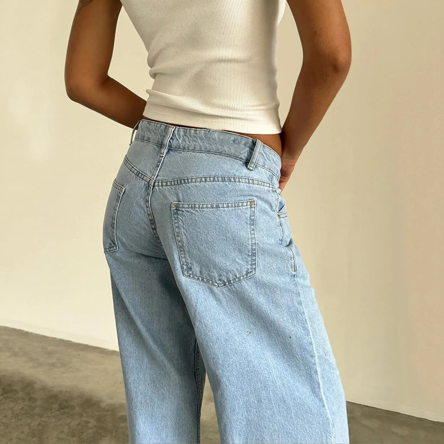 Womens Y2k Wide Leg Jeans Boyfriend Straight Low Rise Distressed Washed Baggy Jeans Casual Denim Trouser