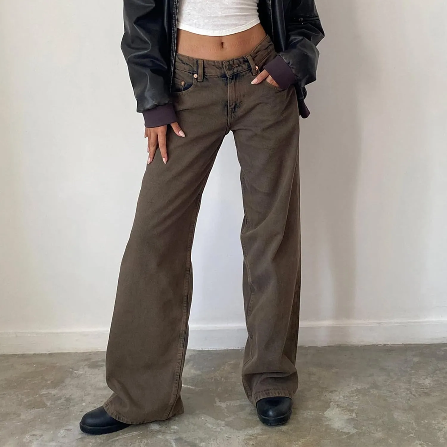 Womens Y2k Wide Leg Jeans Boyfriend Straight Low Rise Distressed Washed Baggy Jeans Casual Denim Trouser