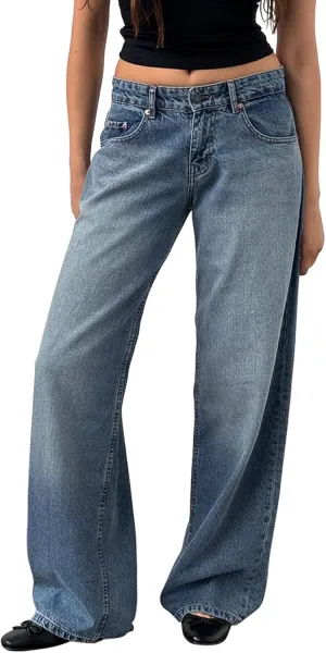 Womens Y2k Wide Leg Jeans Boyfriend Straight Low Rise Distressed Washed Baggy Jeans Casual Denim Trouser
