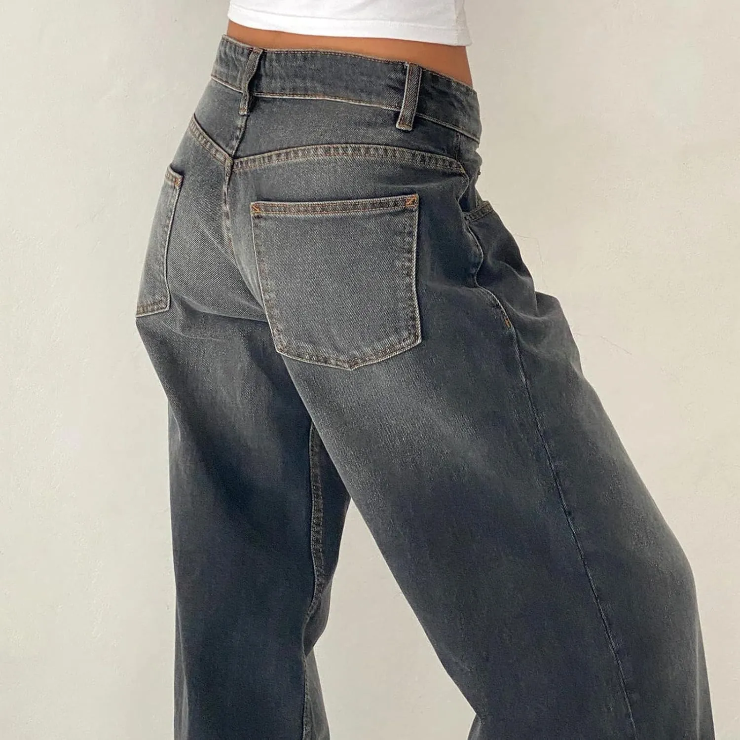 Womens Y2k Wide Leg Jeans Boyfriend Straight Low Rise Distressed Washed Baggy Jeans Casual Denim Trouser