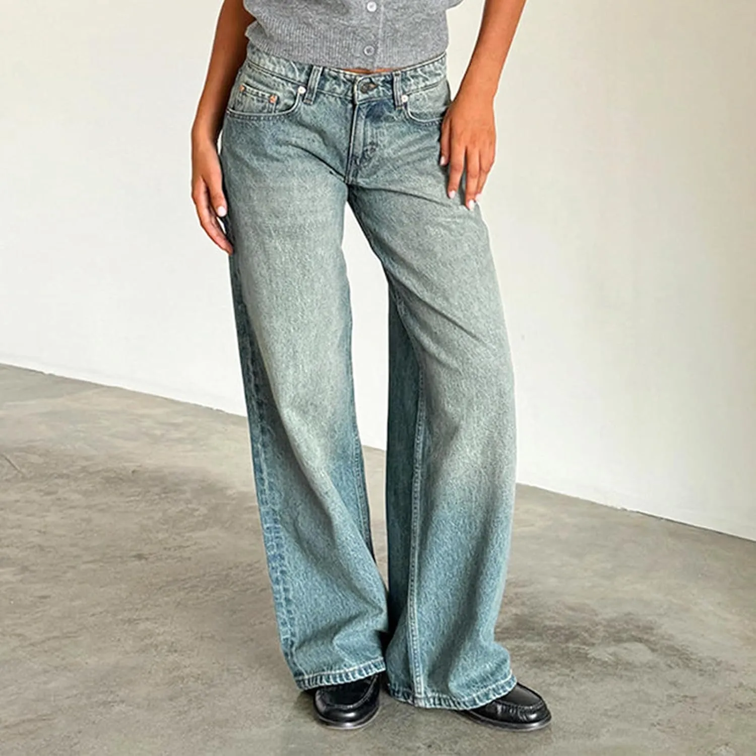 Womens Y2k Wide Leg Jeans Boyfriend Straight Low Rise Distressed Washed Baggy Jeans Casual Denim Trouser