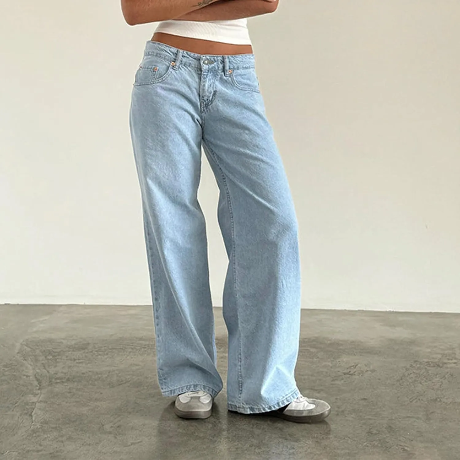 Womens Y2k Wide Leg Jeans Boyfriend Straight Low Rise Distressed Washed Baggy Jeans Casual Denim Trouser