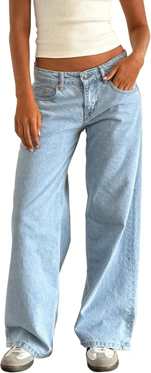 Womens Y2k Wide Leg Jeans Boyfriend Straight Low Rise Distressed Washed Baggy Jeans Casual Denim Trouser