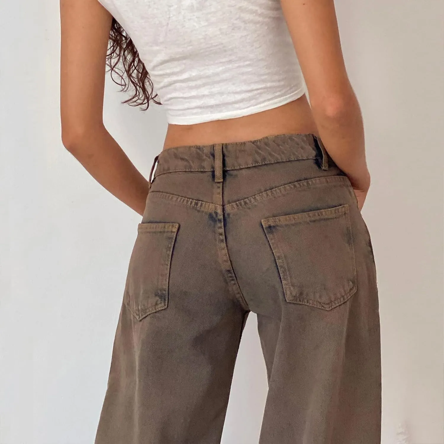 Womens Y2k Wide Leg Jeans Boyfriend Straight Low Rise Distressed Washed Baggy Jeans Casual Denim Trouser