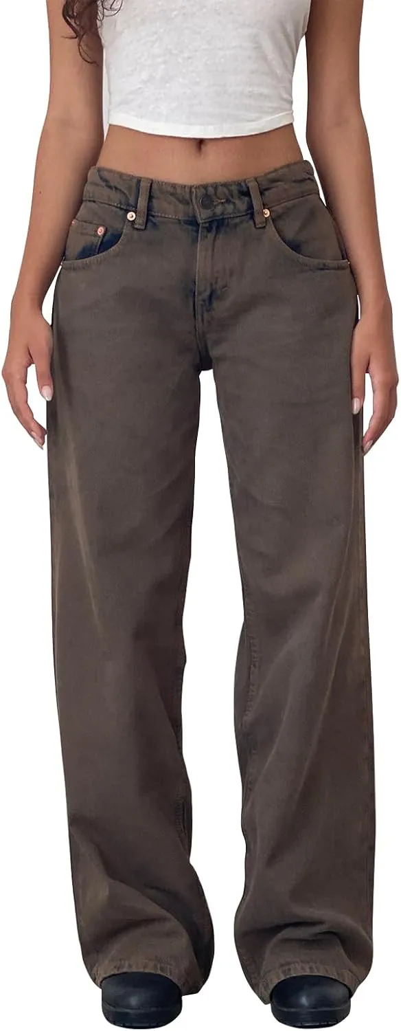 Womens Y2k Wide Leg Jeans Boyfriend Straight Low Rise Distressed Washed Baggy Jeans Casual Denim Trouser