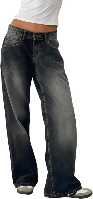 Womens Y2k Wide Leg Jeans Boyfriend Straight Low Rise Distressed Washed Baggy Jeans Casual Denim Trouser