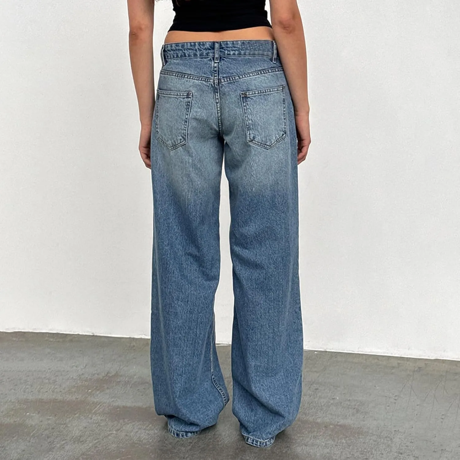 Womens Y2k Wide Leg Jeans Boyfriend Straight Low Rise Distressed Washed Baggy Jeans Casual Denim Trouser
