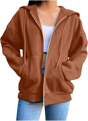 Women's Zip Up Hoodies Casual Fall Fashion Oversized Sweatshirts Y2K Teen Girl Cute Long Sleeve Jackets with Pockets