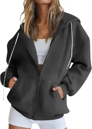 Womens Zip Up Hoodies Oversized Full Zip Up Hoodie Long Sleeve Drawstring Hooded Sweatshirt Fleece Jacket with Pockets