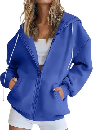 Womens Zip Up Hoodies Oversized Full Zip Up Hoodie Long Sleeve Drawstring Hooded Sweatshirt Fleece Jacket with Pockets