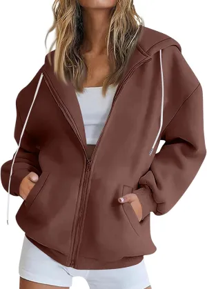 Womens Zip Up Hoodies Oversized Full Zip Up Hoodie Long Sleeve Drawstring Hooded Sweatshirt Fleece Jacket with Pockets